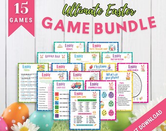 May include: A collection of 15 printable Easter games, including trivia, scattergories, candy match up, candy dice, bunny name game, connect four, maze, tic tac toe, scrambled eggs, photo treasure hunt, I spy Easter, what's on your phone, tact or fiction, and word search. The games are designed with a colorful Easter theme and feature cute illustrations of bunnies, eggs, and other Easter symbols.