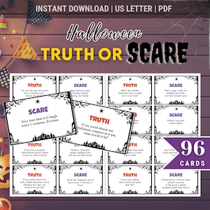 Könnte beinhalten: Ein Set mit 96 Halloween-Karten für das Spiel Wahrheit oder Pflicht. Die Karten sind schwarz mit weißen und orangefarbenen Akzenten. Jede Karte enthält eine andere Frage oder Aufgabe, wobei die Optionen "Wahrheit" oder "Pflicht" oben auf jeder Karte stehen.