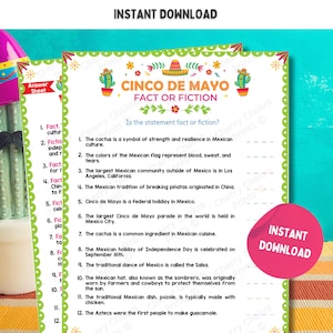 Cinco de Mayo Fact or Fiction Game | Printable Fun Cinco de Mayo Party Games for Family, Kids & Adults | Cinco de Mayo Quiz Trivia Games
