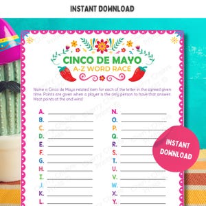 Cinco de Mayo A - Z Word Race Game | Cinco de Mayo Party Games for Family, Friends, Kids & Adults | Mexican Party Fiesta Birthday Games