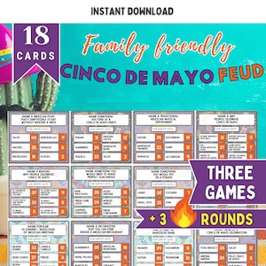 Puede incluir: Un juego de mesa imprimible para una fiesta del Cinco de Mayo. El juego se llama "Cinco de Mayo Feud" y tiene 18 cartas con preguntas sobre comida, música y cultura mexicanas. El juego está diseñado para familias e incluye tres rondas de juego.