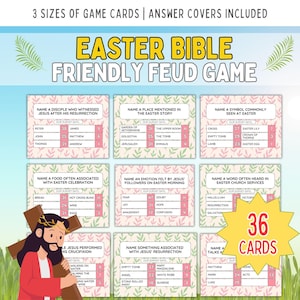 May include: A pink and green illustrated game board with 36 cards for an Easter Bible Friendly Feud game. The cards have questions about the Easter story, symbols, and traditions. The game board has a title that says "Easter Bible Friendly Feud Game".