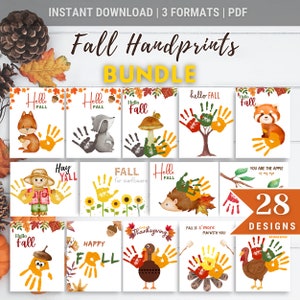 May include: A set of 28 printable fall handprint designs featuring various autumnal themes, including a squirrel, a raccoon, a mushroom, a tree, a red panda, a scarecrow, sunflowers, a hedgehog, a turkey, a campfire, and an acorn. The designs are perfect for creating personalized fall crafts with children.