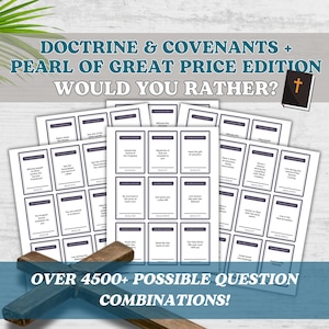 Peut inclure: Un jeu de cartes imprimables « Plutôt que ? » avec des citations de la Doctrine et des Alliances et de la Perle de Grand Prix. Les cartes sont blanches avec du texte gris et des bordures. Le texte sur les cartes comprend des phrases comme « Témoigner des miracles », « Voir la venue du Seigneur » et « Vivre pendant la seconde venue ».