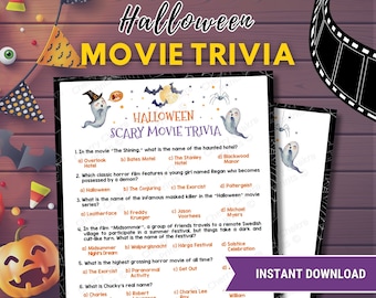 Juego de trivia de películas de terror de Halloween, juegos imprimibles de Halloween, juego de trivia de terror, juego de trivia de películas de terror, divertido juego de fiesta grupal de Halloween
