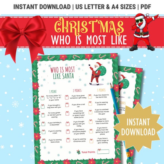Christmas Who Is Most Like Santa Game, Fun Christmas Game, Winter Holiday Game Great for Office Party, Christmas Icebreaker Group Party Game