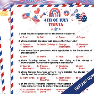 4th of July Patriotic Trivia Game, Printable Independence Day Fun Party Games, American Trivia Quiz Game, American Trivia Game