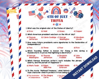 4th of July Patriotic Trivia Game, Printable Independence Day Fun Party Games, American Trivia Quiz Game, American Trivia Game