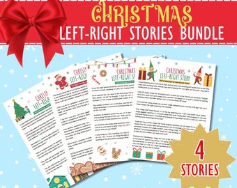 May include: A bundle of four printable Christmas-themed left-right stories. Each page features a colorful illustration and text that reads "Christmas Left-Right Stories Bundle".