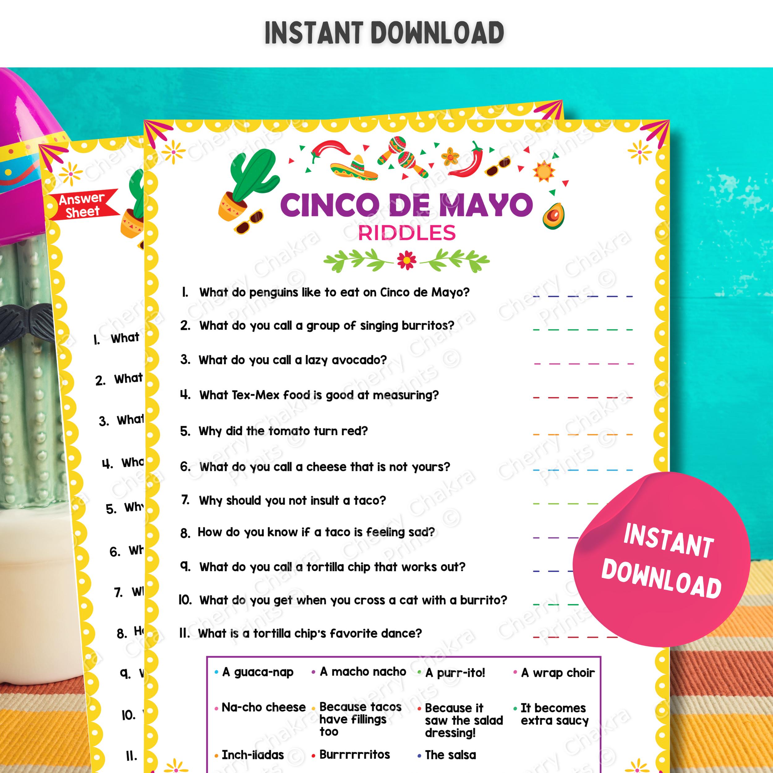 Cinco de Mayo Riddles Game, Printable Cinco de Mayo Fun Mexican Party Game, Funny Jokes for Adults and Kids, Funny Cinco de Mayo Family Game
