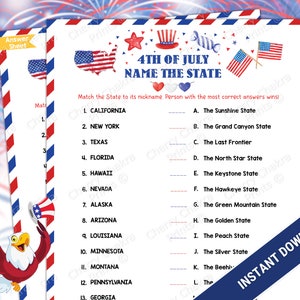 4th of July Patriotic Name That State Nickname Match Up Game, Printable Independence Day Fun Party Games, American States Trivia Quiz Game