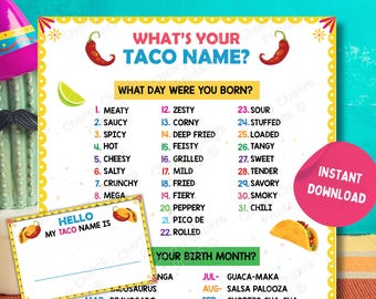 Was ist Ihr Taco-Namensspiel, Cinco de Mayo-Partyspiele, mexikanische Taco-Geburtstags-Partyspiele, mexikanische Fiesta-Partyspiele für Erwachsene und Kinder