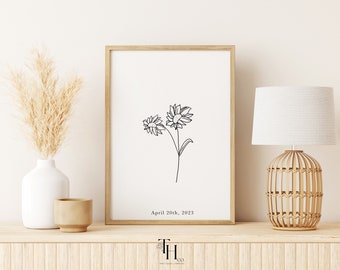 Daisy April Birth Flower Print | Kwietniowy minimalistyczny nadruk z ilustracją kwiatów narodzin | Daisy Customized April Nursery Art