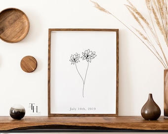 Lilia wodna, lipiec, kwiat narodzin | Lipiec, minimalistyczny, ilustracja kwiatu narodzin | Lilia wodna, personalizowana sztuka do pokoju dziecięcego w czerwcu
