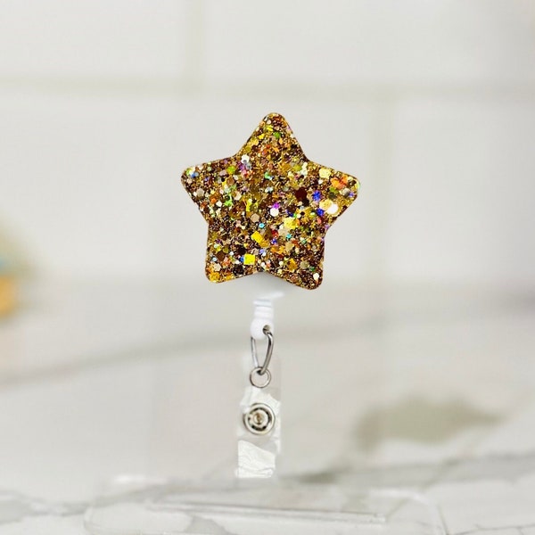 Gold Glitter Star Interchangeable Badge Reel, Sheriff Bling, Nurse Badge Buddy, Retractable ID Holder, Teacher Gift