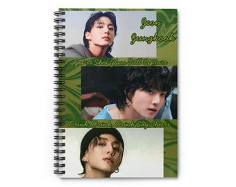 May include: Spiral-bound notebook featuring three images of Jeon Jungkook. The notebook has a green and white design with text that reads "Jeon Jungkook", "Got A Shot Glass Full Of Tears", and "Drink, Drink, Drink Say Cheers".