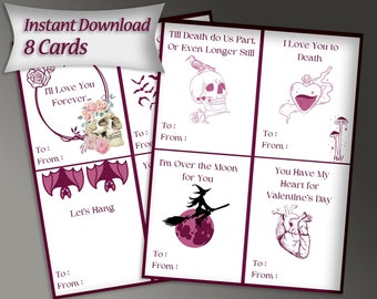 Printable Gothic Valentines,8 Funny Goth Digital Valentines Cards Download