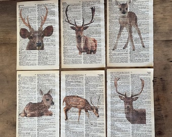 Deer themed dictionary prints, wall gallery prints, book page wall art