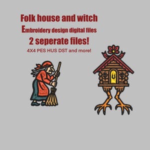 Könnte beinhalten: Digitales Stickdesign mit einem Folklorehaus mit Hühnerbeinen und einer Hexe mit einem Besen. Der Text lautet: "Folk house and witch, Embroidery design digital files, 2 seperate files! 4X4 PES HUS DST and more!"