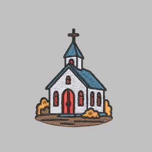Puede incluir: Parche bordado que representa una iglesia blanca con tejado azul y cruz roja. La iglesia tiene puertas y ventanas rojas. El diseño incluye arbustos amarillos y marrones en la base, sobre un fondo gris.