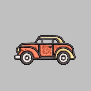 May include: An embroidered design of a vintage car. The car is primarily orange with black trim, yellow roof accents, and white and black wheels. The design has a textured, stitched appearance, suggesting it's for an embroidery project or patch.