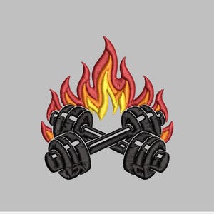 May include: Embroidered design featuring two black dumbbells crossed over each other, with flames in red, orange, and yellow rising above. The design is set against a gray background, perfect for fitness enthusiasts.