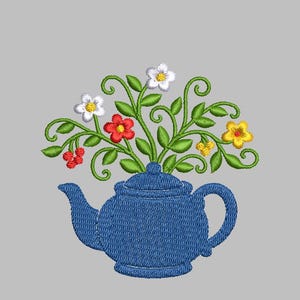 Tekanna med vinrankor och blommor som växer ut Design 4x4 enkel digital maskinbroderifil PES DST jef hus vp3 för omedelbar nedladdning Garden