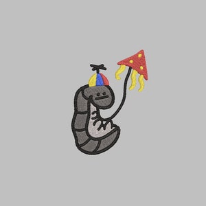 May include: A cartoon worm wearing a blue, red and yellow hat and holding a red and yellow kite.