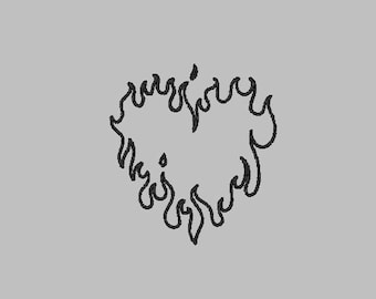 flaming heart embroidery design file machine embroider PES DST JEF 4x4 outline flames cute trendy tattoo flash style illustration fire easy