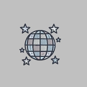 May include: An embroidered design featuring a disco ball surrounded by five stars. The disco ball has a grid pattern with pastel blue, pink, and gray squares. The stars are outlined in a darker color.