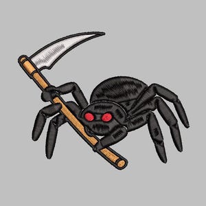 May include: Embroidered black spider with red eyes holding a scythe with a silver blade and a tan handle. The spider has eight black legs and a textured body. The design is on a light gray background.