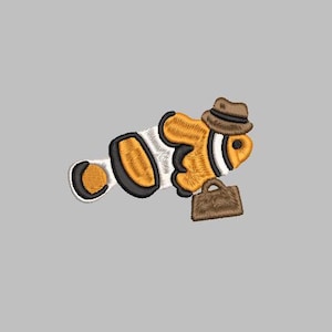 Clown vis papa borduurwerk ontwerpbestanden PES DST JEF exp vp3 4 x 4 bestand oranje schattig kawaii zee leuk trendy dom grappig humor dier hoed koffer