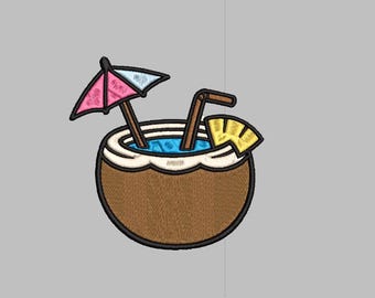 Coconut drink with a umbrella on it Embroidery Design 4x4 Digital Machine Embroidery File PES DST jef hus vp3 for Instant Download Tropical