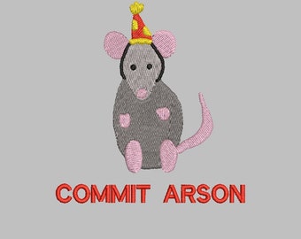 Commit arson rat embroidery design file machine PES DST JEF 4x4 funny dark humor comedy adult weird party hat simple offensive vulgar crimes