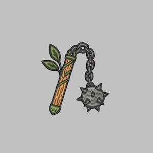 Könnte beinhalten: Illustration einer Streitkolbenwaffe. Der Griff ist braun mit grünen Ranken und Blättern. Eine Kette verbindet den Griff mit einer grauen, stacheligen Kugel. Der Hintergrund ist einfarbig hellgrau.