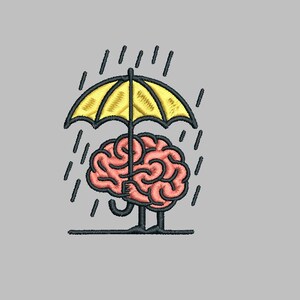 May include: An embroidered design featuring a pink brain with black legs and a yellow umbrella, protecting it from black rain. The design is set against a gray background, creating a whimsical and conceptual image.