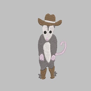 May include: A grey and white opossum wearing a brown cowboy hat and brown boots. The opossum has a pink nose and a pink tail.
