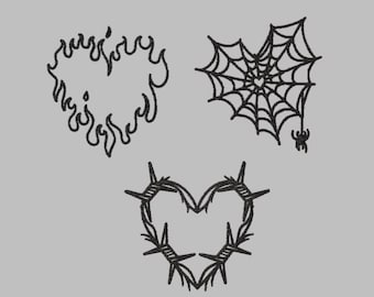 heart bundle 3 files barbed wire web flame heart embroidery design file machine embroider PES DST 4x4 outline barb cute trendy tattoo flash