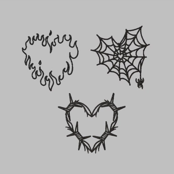 heart bundle 3 files barbed wire web flame heart embroidery design file machine embroider PES 4x4 outline barb cute trendy tattoo flash