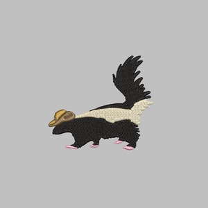 May include: A black and white skunk wearing a brown cowboy hat. The skunk is walking to the right with its tail raised.