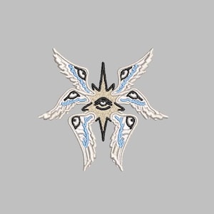 May include: Embroidered patch featuring a stylized design of an eye within a starburst, surrounded by six pairs of wings. The wings are white with light blue accents. The central eye is black with a tan background. The design is on a gray background.