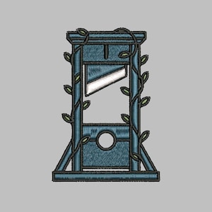 May include: Embroidered design of a blue guillotine with a white blade, adorned with green vines and leaves. The design features a circular opening and is set against a gray background. The style is reminiscent of a patch or emblem.