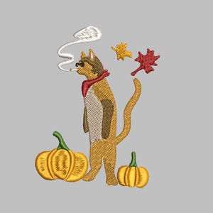 May include: Embroidered design of a cat wearing sunglasses, a red scarf, and smoking a cigarette. Two pumpkins and two fall leaves are also in the design. The cat is standing upright on a gray background.