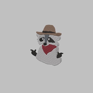 May include: Embroidered patch of a raccoon wearing a brown cowboy hat and a red bandana, pointing with both hands.