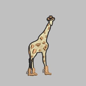 May include: A brown and tan giraffe wearing a cowboy hat and brown boots. The giraffe is standing on a gray background.