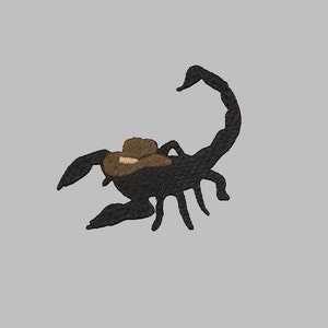 May include: A black scorpion wearing a brown cowboy hat. The scorpion is curled up in a defensive position with its tail raised.