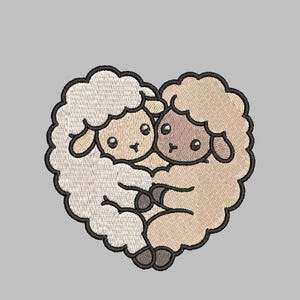 May include: An embroidered design of two sheep hugging, forming a heart shape. The sheep are in shades of cream and tan, with black outlines and details. The background is a solid gray.