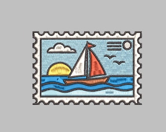 Vintage Stamp With a sailboat Embroidery Design 4x4 Digital Machine Embroidery File PES DST jef hus vp3 for Instant Download OldSchool