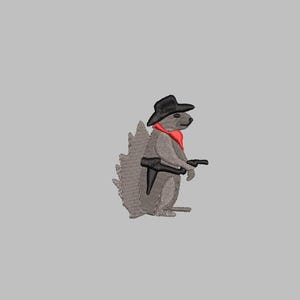 May include: A gray squirrel wearing a black cowboy hat and a red bandana, holding two black pistols.