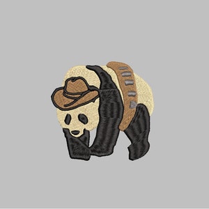 May include: A black and white panda wearing a brown cowboy hat and a brown belt with silver buckles. The panda is looking down.